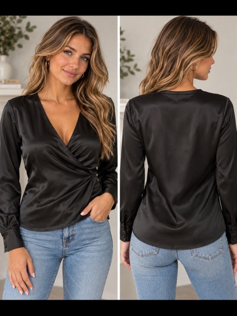 MittoShop Black Satin Wrap Blouse Long Sleeve V Neck Size Medium